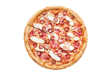 Delicious pizza with chicken fillet, bacon, ham sausages, mozzarella and tomato sauce, cut out
