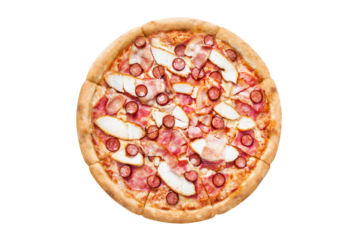 Delicious pizza with chicken fillet, bacon, ham sausages, mozzarella and tomato sauce, cut out