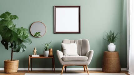 Front view of a modern luxury living room in green colors. Green wall with poster template and mirror, comfortable armchair with cushion, coffee table, green plants in pots. Mockup, 3D rendering.