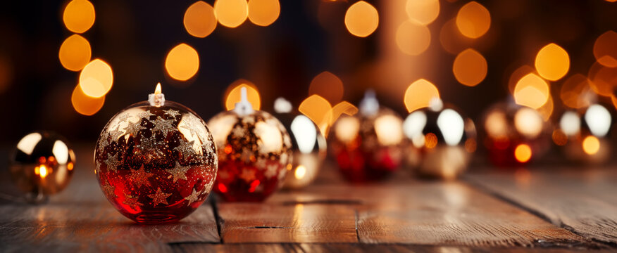 Red christmas balls over blurred background, banner