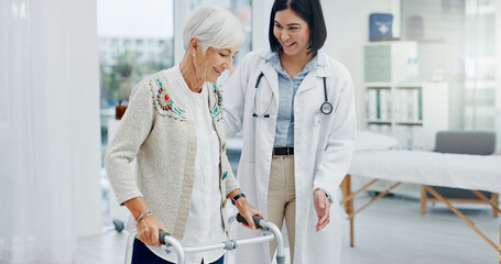Support, doctor and senior woman in walking frame for healthcare service, muscle health or...