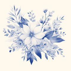 Wedding floral composition, watercolor big flowers, navy blue design, isolated on ecru background