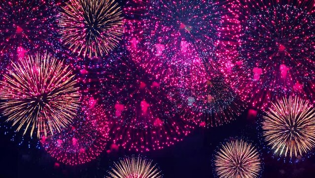 Brightly Colorful christmas Fireworks on twilight holiday background with fireworks and stars background. christmas eve, 4th of july holiday concept. congratulations and festival New Year 2024 2025.