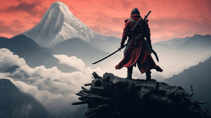 Samurai on top of mountain - obrazy, fototapety, plakaty