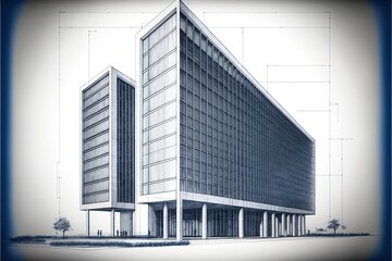 Blueprint drawing of the super modern facade of the building.