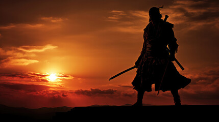 Silhouette of a samurai posing during sunset