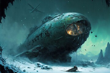 Terrifying disaster crashed flying saucer on a frozen planet  - obrazy, fototapety, plakaty