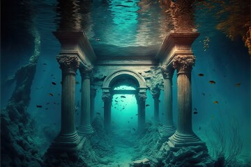 Ruins from ancient stone steps under water 
