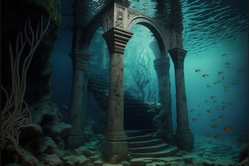 Ruins from ancient stone steps under water