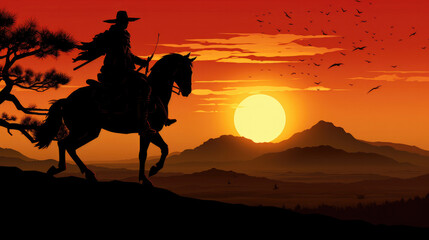 Silhouette of samurai riding horse at sunset