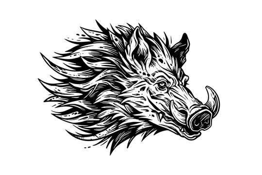 Boar or wild pig head drawing ink sketch, vintage engraved style vector illustration.