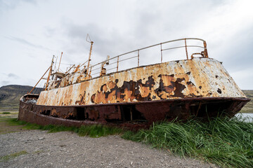 Old shipping boat, Gardar BA 64, shipwrecked aground in the Westfjords of Iceland