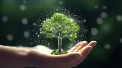 Fototapeta na wymiar Symbolic magic green tree in human hands on blurred background. Respect for nature, sustainable energy, care for the environment, ecological development. Earth Day concept. Copy space. 3D rendering.