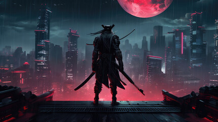 Samurai standing on a building in cyberpunk city at rainy night - obrazy, fototapety, plakaty