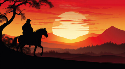 Fototapeta na wymiar Silhouette of samurai riding horse at sunset