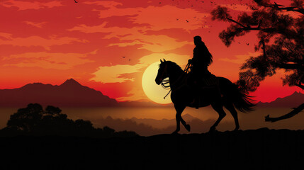 Silhouette of samurai riding horse at sunset