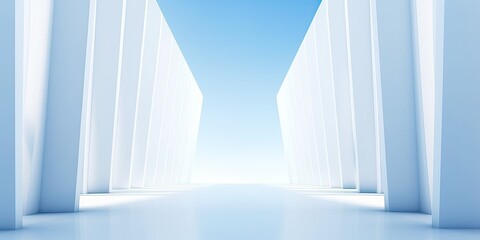 Beautiful airy widescreen minimalistic white and light blue architectural background banner with tilted columns.