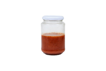 tomato sauce in glass bottle isolated on white with clipping path