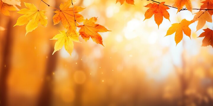 Beautiful orange and golden autumn maple leaves against a blurry park in sunlight with beautiful bokeh. Natural autumn background