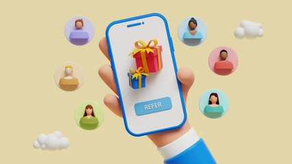 Smartphone with gift boxes and referening friends concept. Referral system, refer friend, making money recommending new group 3d style. Referral marketing program. Group customers. 3d loop animation