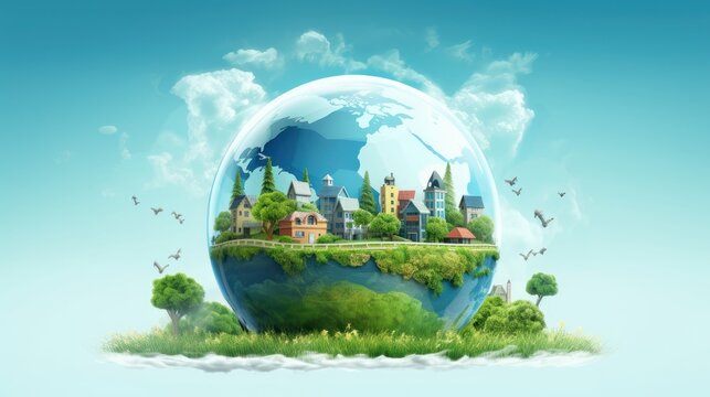 Symbolic image of the globe with elements of human activity and nature. Environment, save clean planet, ecology concept. Saving nature for future generations. Earth Day banner with copy space.