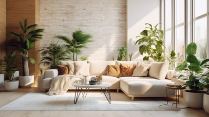 Cozy elegant minimalist living room interior in natural colors. Comfortable corner couch with cushions, many houseplants, coffee table, rug on the floor, home decor. 3D rendering.