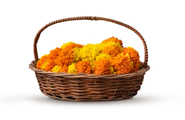 Flowers with basket isolated on white background, Onam and Diwali concept image