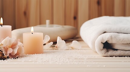Fototapeta na wymiar Beautiful spa treatment composition such as Towels, candles, essential oils, Massage Stones on light wooden background. blur living room, natural creams and moisturising Healthy lifestyle, body care..