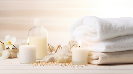 Obraz na płótnie Canvas Beautiful spa treatment composition such as Towels, candles, essential oils, Massage Stones on light wooden background. blur living room, natural creams and moisturising Healthy lifestyle, body care..