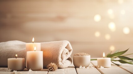 Beautiful spa treatment composition such as Towels, candles, essential oils, Massage Stones on light wooden background. blur living room, natural creams and moisturising Healthy lifestyle, body care..