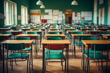 Empty tables and chairs school classroom without students. Generative Ai