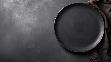 Empty black dinner plate with cloth and copy space 