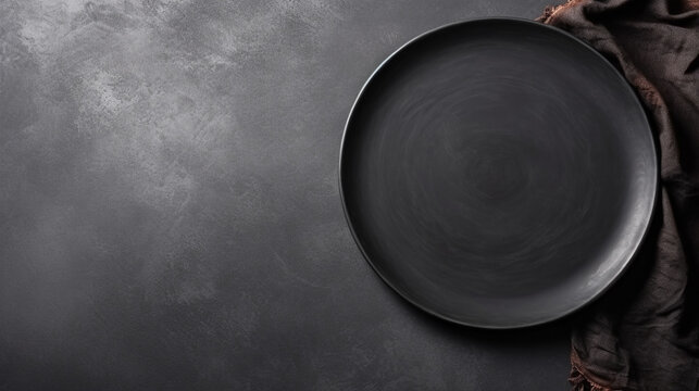 Empty black dinner plate with cloth and copy space 