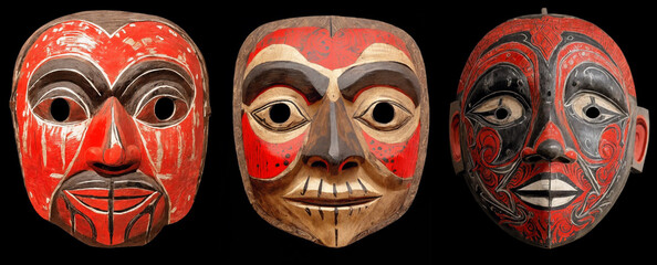 Set with three ritual wooden masks with wood carvings and painted with red paint.