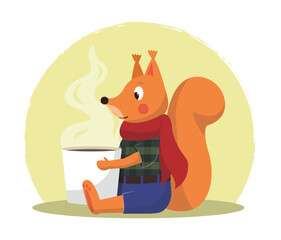 A squirrel drinks tea. Vector flat illustration.