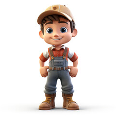3d little worker farmer cartoon on white
