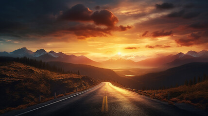 empty road surrounded by mountains with sunset