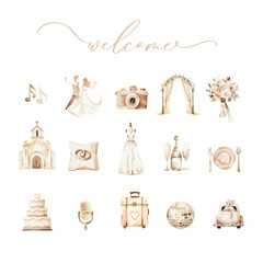 Wedding Timeline menu on wedding day. Watercolor wedding icons and calligraphy inscription Welcome.