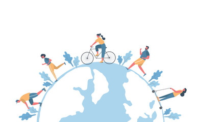 People around the globe. Healthy lifestyle concept. Men and women are resting: ride a bike, skating, run. Flat style. Vector illustration