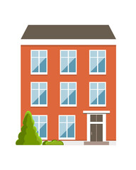 Red building high-rise building with windows and a door next to a tree. Flat doodle style. vector illustration.