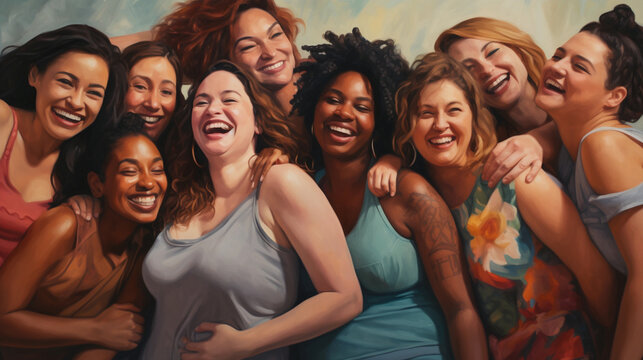 Group of multiethnic women in colourful dresses, laughing and posing together to embrace body positivity and self - confidence