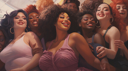 Fototapeta premium Group of multiethnic women in colourful dresses, laughing and posing together to embrace body positivity and self - confidence