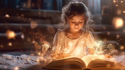 Fototapeta na wymiar Cute girl reading magic book.