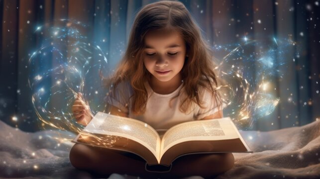 Cute girl reading magic book.