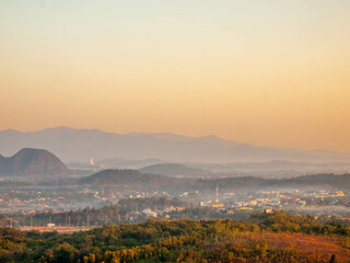 Natural viewpoint, mountains, hills, forests and river under morning mist in Chiangrai, Thailand