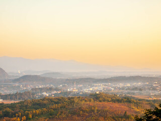 Natural viewpoint, mountains, hills, forests and river under morning mist in Chiangrai, Thailand