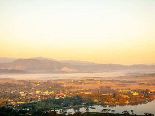 Natural viewpoint, mountains, hills, forests and river under morning mist in Chiangrai, Thailand