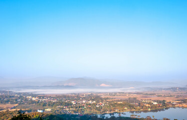 Natural viewpoint, mountains, hills, forests and river under morning mist in Chiangrai, Thailand