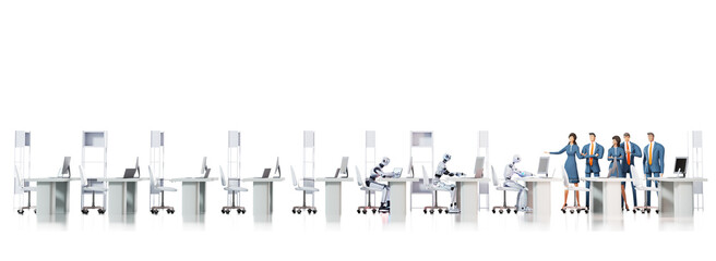 Naklejka premium Bot factory, many robots sitting and working by desks. 3D Rendering