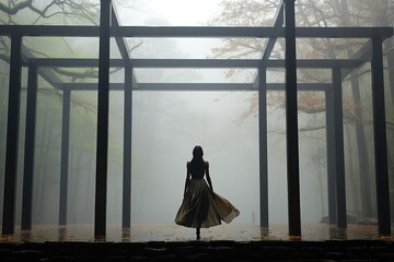 iron structure, dramatic foggy movie scene with fashion models dancing around the garden 
